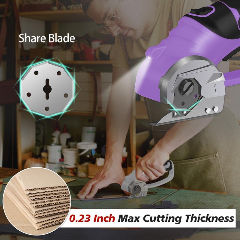Mershca Cordless Electric Scissors, 4V Rechargeable Box Cutter & Cardboard Cutter with LED Light, Safety Lock - Rotary Cutter for Fabric, Leather, Carpet, Plastic, Crafting, Sewing with Storage Box(Purple) - Image 2
